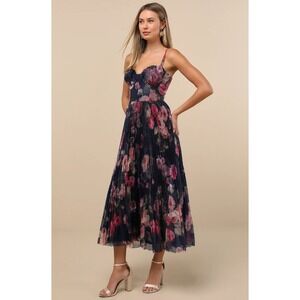 LULUS Alluring Invite Pleated Bustier Midi Dress Blue Floral Size Small Party
